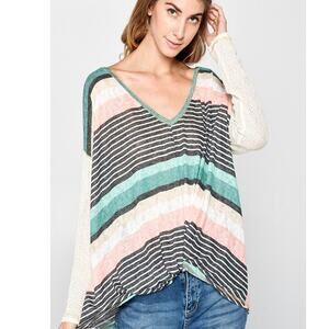 Oversized Striped Colorblock Knit Top V Neck Long Sleeve Boho Women's Small